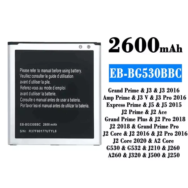 Akku modell EB-BG530BBC für Samsung J3/J3 2016/J3 V/J3 Pro 2016/J5/J5 2015/J2 Ace/J2 Pro 2018/J2 2018/J2 Core/J2 2016/J2 Pro 2016/J2 Core 2020/A2 Core
