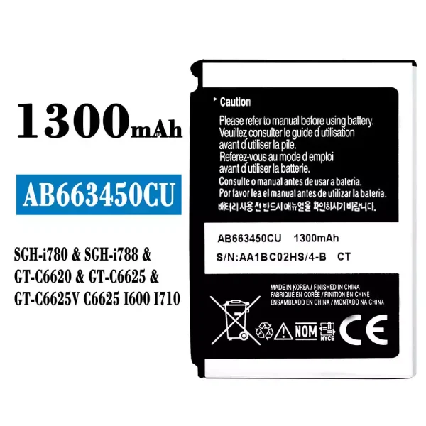 Akku modell AB663450CU für Samsung SCH-i780/SCH-i788/FT-C6620/GT-C6625