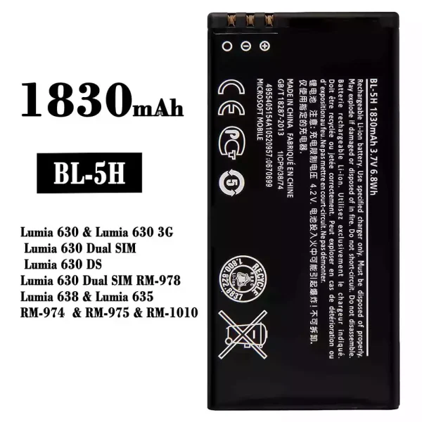 Akku modell BL-5H für Nokia Lumia 630 / Lumia 638 / Lumia 635 / RM-974 / RM-975 / RM-1010